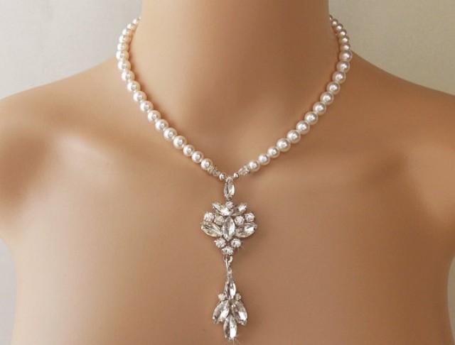 wedding photo - Wedding Necklace, Bridal Necklace, Statement Necklace, Swarovski Crystal and Swarovski Pearls, Vintage Style Brooch - PENELOPE