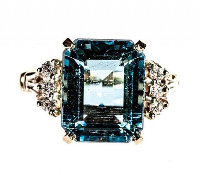 wedding photo - Vintage14k Yellow Gold Emerald Cut 4.25ct Emerald Cut Aquamarine And Diamond Ring