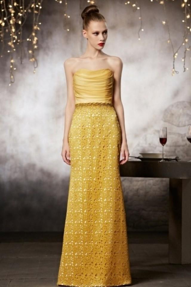 wedding photo - Élégante Robe bustier en couleur jaune à jupe ajourée