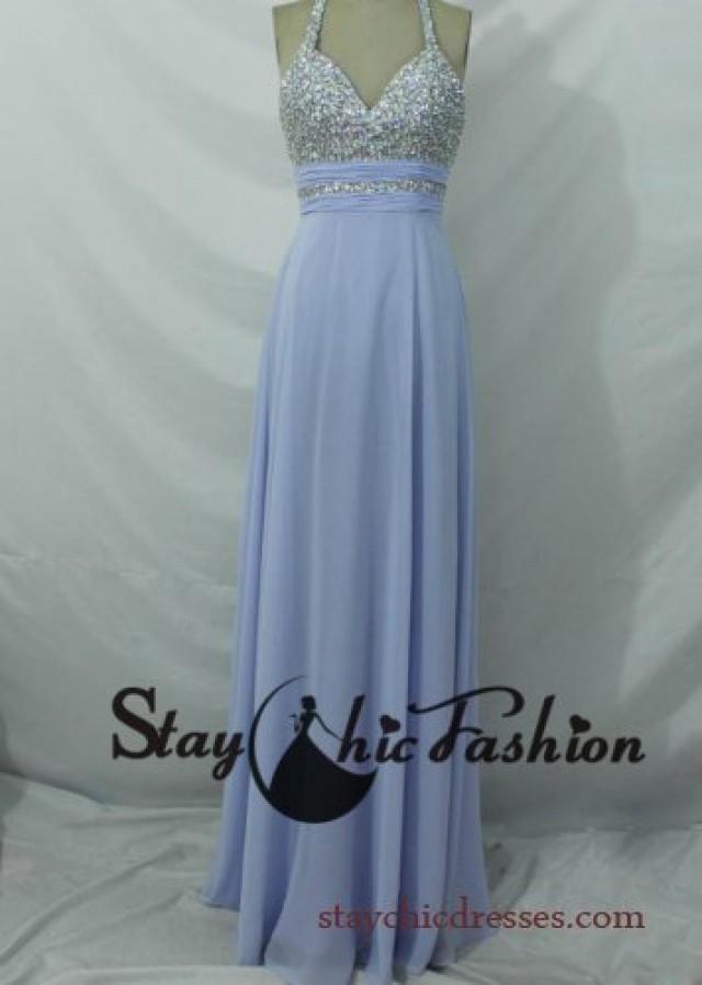 wedding photo - Lavender Long Sequined Halter Top Low Back Chiffon Prom Dress 2014