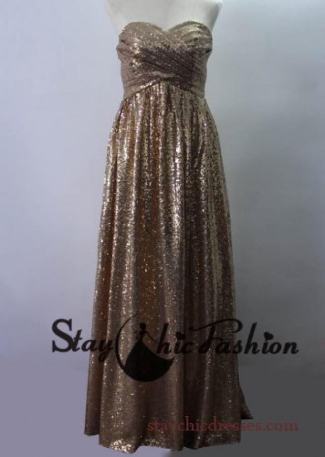 wedding photo - Sparkly Brown Gold Pleated Bust Empire Waist Sequined Floor Length Prom Dress