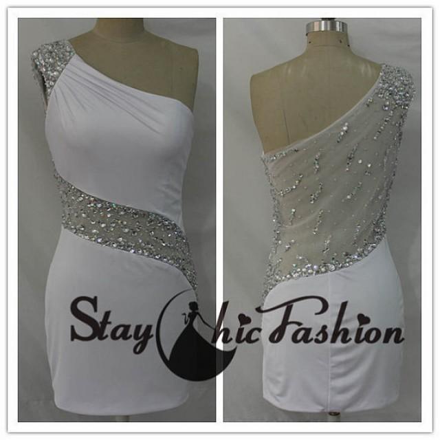 wedding photo - White One Shoulder Beaded Illusion Waist Back Short Fitted Jersey Prom Dress