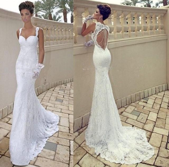 Sexy Mermaid Lace Backless Wedding Dress Bridal Gown Custom Size 2-4-6-8-10-12  