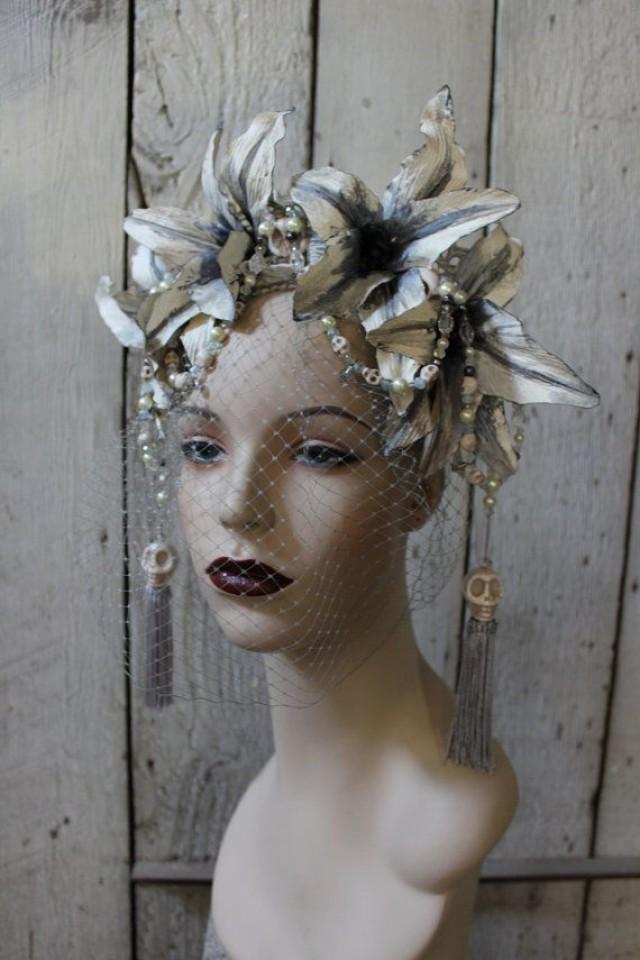 The Grey Lady - Headdress Of Handpainted Grey Lilies, Howlite Skulls, Vintage Pearls, Swarovski Crystals And Vintage Lace - To Order