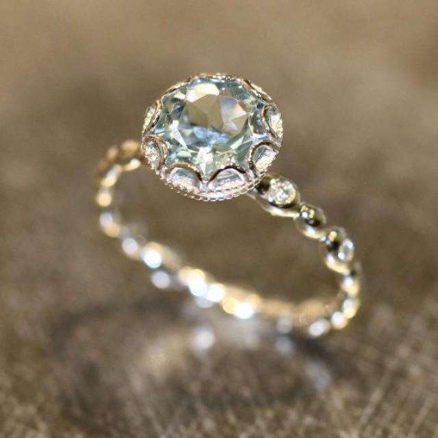 Floral Aquamarine Engagement Ring In 14k White Gold Diamond Pebble Ring 8x8mm Round Natural Aquamarine Ring (Bridal Set Available)