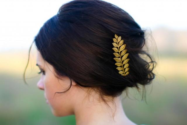 wedding photo - Luxe Long Gold Laurel Leaf Hair Pin Bobby Pin Hair Clip Barrette Woodland Boho
