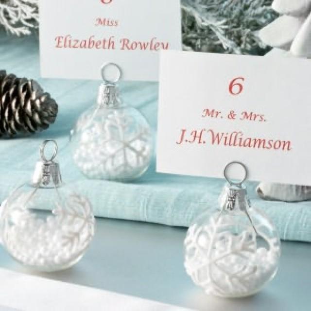 wedding photo - Snow-fllurry glass ornament place card holder