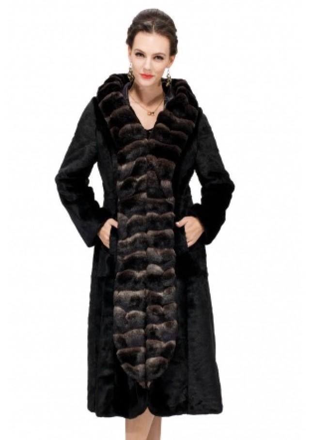 wedding photo - Faux black mink cashmere with chinchilla fur edge women long coat