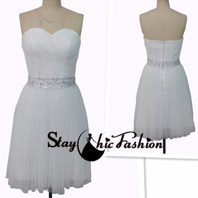 wedding photo - White Ruched Strapless Short Bridesmaid Dress with Sequined Waist