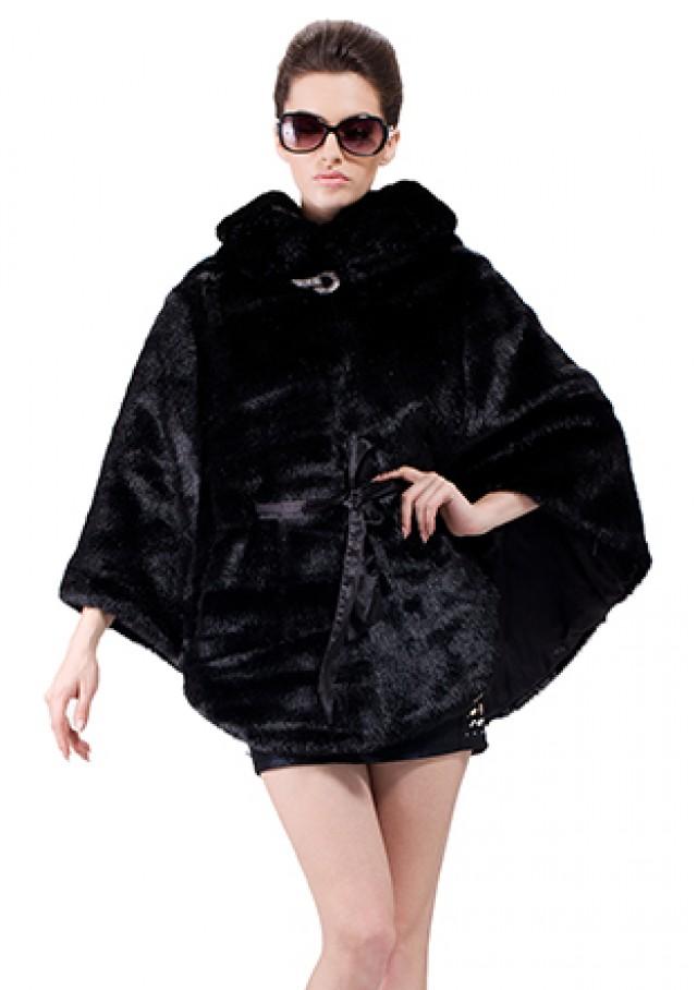 wedding photo - Black faux mink fur bat style with hood women hip length coat