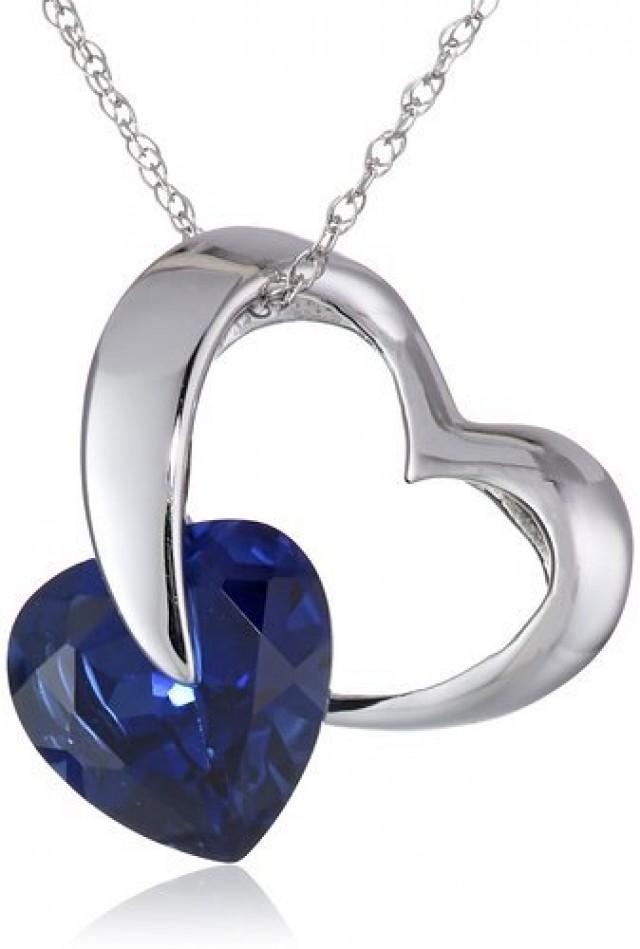 wedding photo - BEST SELLERS - White Gold Ladies Pendant Blue Sapphire Heart Style Necklace 18"