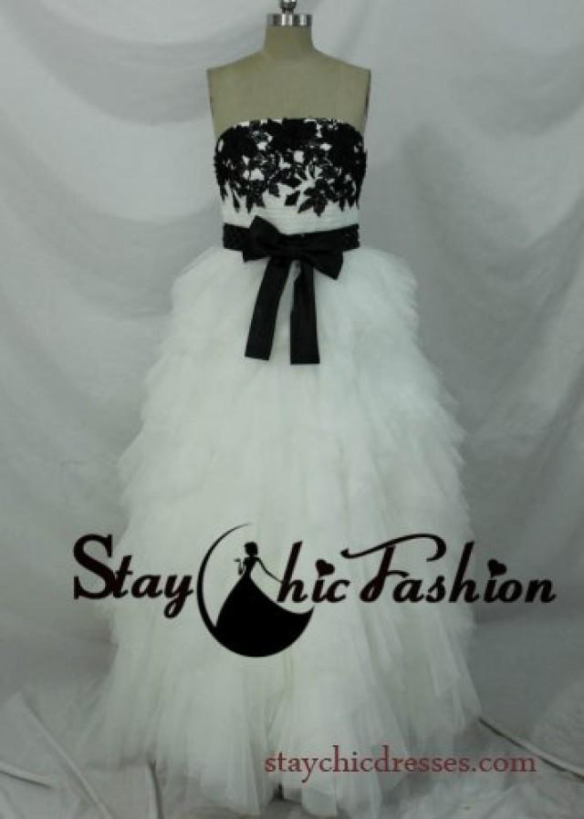 wedding photo - White Long Ruffled Bow Knot Empire Waist Prom Dress with Black Floral Applique Bust