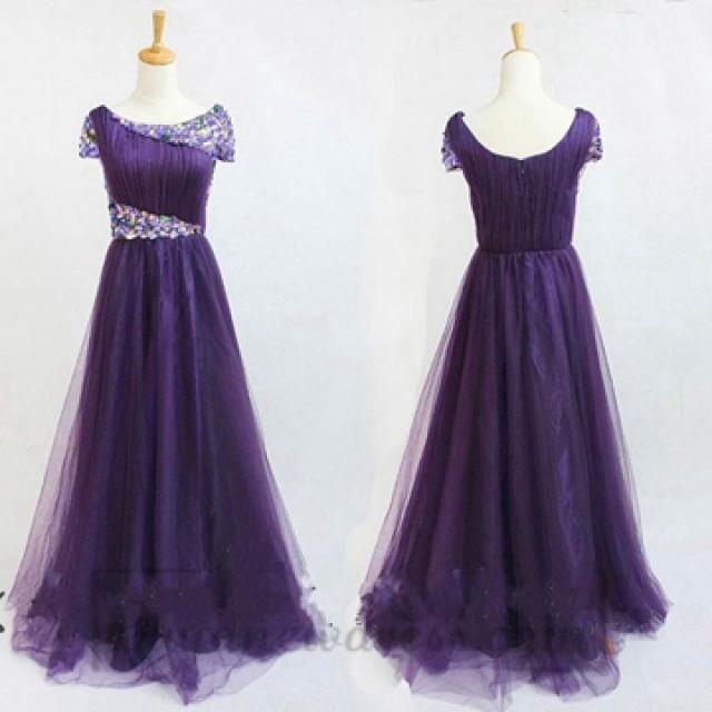 wedding photo - Long Prom Dress Elegant Beaded Purple , Handmade Bridesmaid Dress