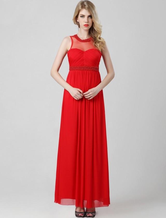 wedding photo - A Line Jewel Floor Length Red Evening Dress