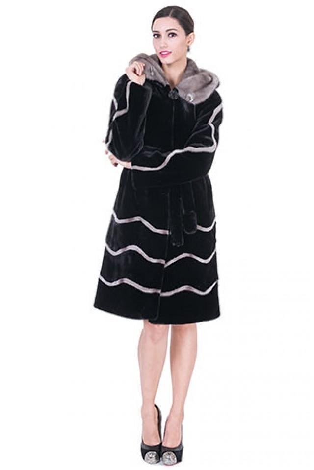 wedding photo - Karima/luxury faux white strips black mink cashmere with gray fox fur collar long women coat