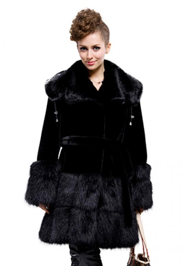 wedding photo - Black faux mink fur with faux black beaver fur collar long fur coat