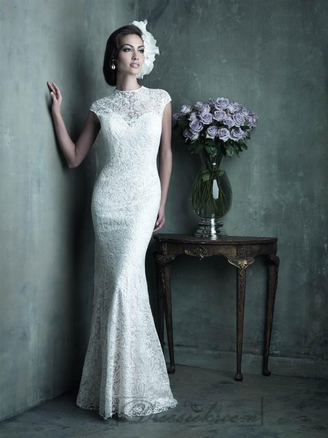 wedding photo - Elegant High Neckline Cap Sleeves Sheath Lace Wedding Dresses