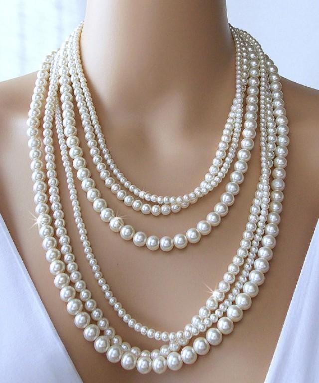 wedding photo - Statement Necklace, Pearl Necklace, Bridal Necklace, Wedding Necklace, Vintage Style, Gatsby Necklace - NADIA