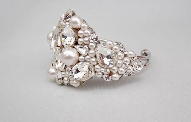 wedding photo - Wedding Bracelet - Bridal Bracelet, Cuff Bracelet, Crystal Bracelet, Swarovski Pearls, Vintage Style - HAILEY