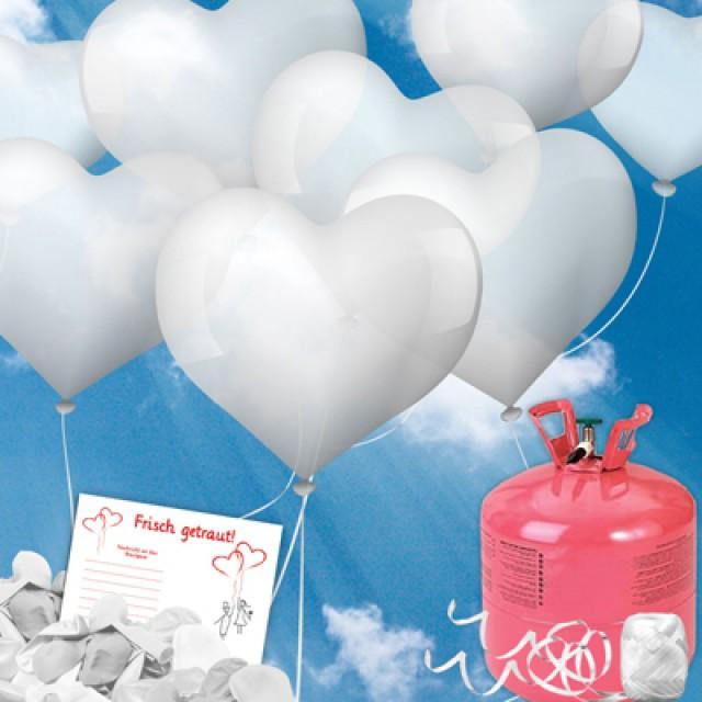 wedding photo - Luftballons steigen lassen - weiße Herzluftballons
