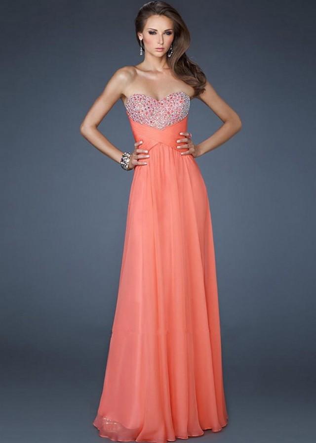 wedding photo - Coral Strapless Sequin Stones Adorned Bust Open Back Long Prom Dress
