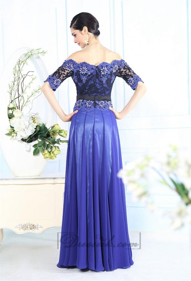wedding photo - Off-the-shoulder Beaded Lace Appliques Blue Prom Dress