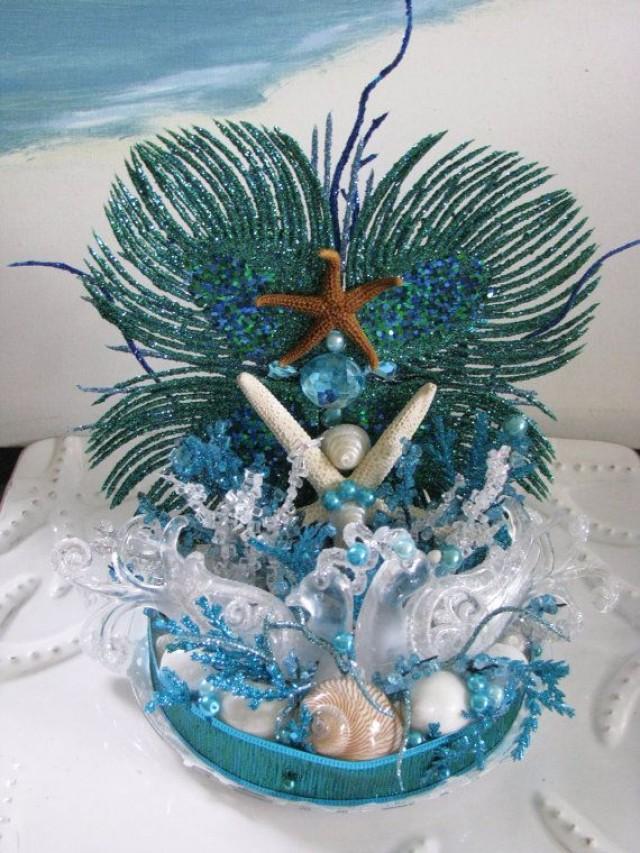 Peacock Seashell Beach Wedding Cake Topper- Starfish Wedding Cake Topper- Blue Glitter Cake Topper
