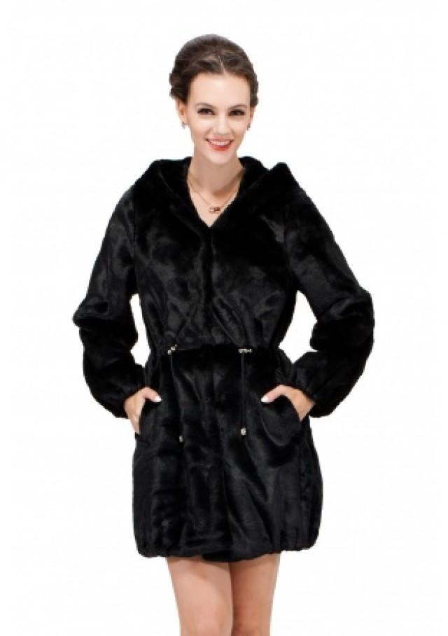 wedding photo - Black faux fur jacket or faux mink fur hooded coat