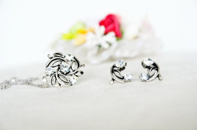 wedding photo - art deco clear crystal swarovski rhinestone necklace earrings wedding jewelry bridal jewelry bridesmaids jewelry set