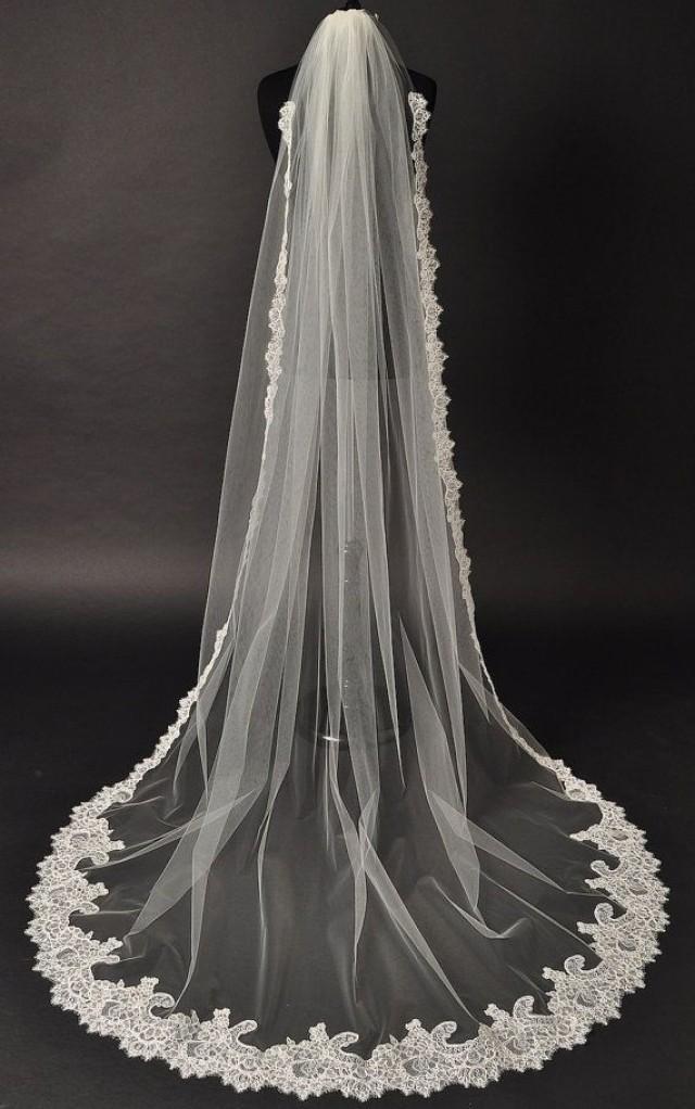 wedding photo - Cathedral Lace Veil, Alencon Lace Bridal Veil, Couture Bridal Veil, Chapel Veil, Wedding Veil, Single Layer Veil, Ivory Veil, Diamond Veil