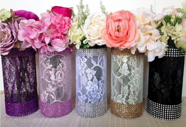 wedding photo - lace and rhinestone covered glass vases, wedding, bridal shower, tea party table centerpieces