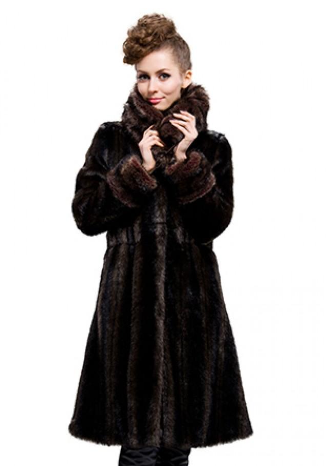 wedding photo - Dark Coffee Faux Beaver Fur Stand Collar Long Coat