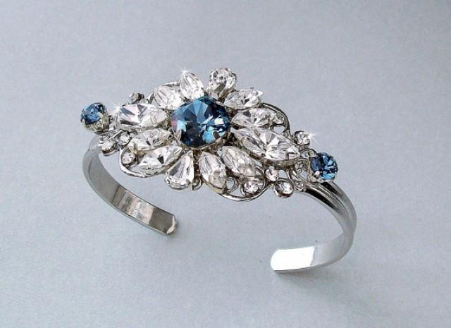 wedding photo - Wedding Bracelet - Bridal Bracelet, Something Blue, Cuff Bracelet, Crystal Bracelet, Swarovski Crystals, Vintage Style, Gatsby Style - VERA