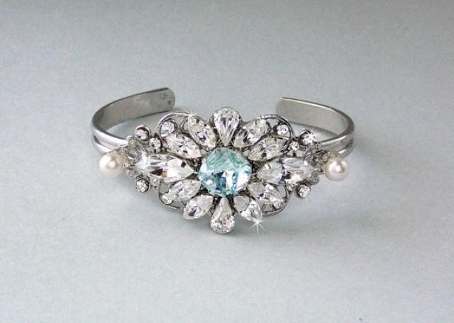 wedding photo - Wedding Bracelet - Bridal Bracelet, Something Blue, Cuff Bracelet, Crystal Bracelet, Swarovski Crystals and Pearls, Gatsby Style - HELENA