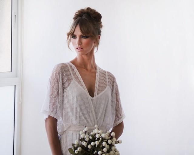 wedding photo - White vintage Lace,  Ivory white maxi dress with bat sleeves , Dress with slit , Wedding Ivory dress