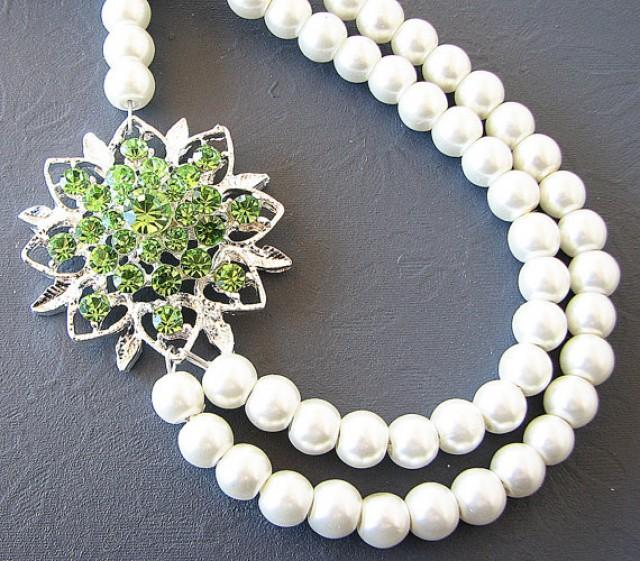 Bridal Jewelry Rhinestone Necklace Wedding Jewelry Pearl Bridal Necklace Double Strand Green Crystal Necklace Bridesmaid Gift
