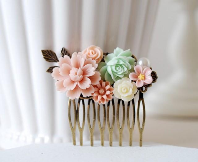 wedding photo - Pink Ivory Mint Green Flowers Brass Leaf Hair Comb. Floral Collage Hair Comb Comb. Mint and Pink Wedding Bridal Hair Comb, Bridesmaids Gift