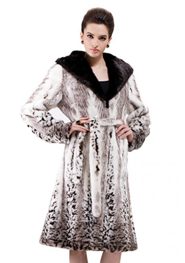 wedding photo - Faux pattern fox fur with black mink fur hat women long coat