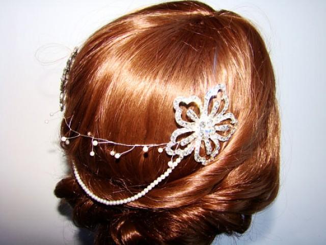 wedding photo - Bridal Comb Hair Chain, Pearl Chain Headpiece, Bridal Hair Chain, Rhinestone Wedding Hair Chain, Flower Comb Head Piece, Comb Hair Chain