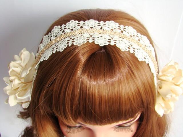 wedding photo - Champagne Color Vintage Style 1920's Bridal Headband - Lace Ribbon Wedding Headband - Gold Chain 1920's Wedding Headpiece