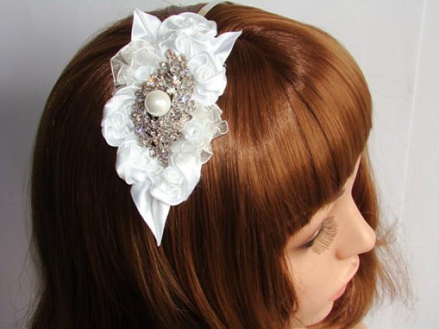 wedding photo - Silk Flower Bridal Headband - Flower Alice Band - Bridal Accessories - Rhinestone Bridal Headpiece - TIFFANY