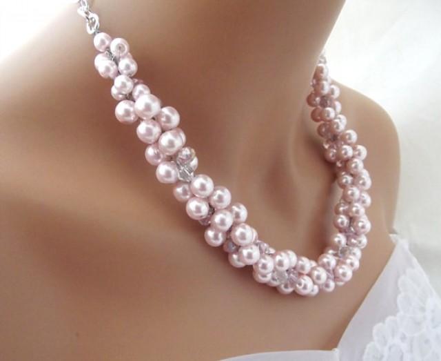 Chunky Pink Pearl Necklace, Statement Bridal Necklace, Bib Wedding