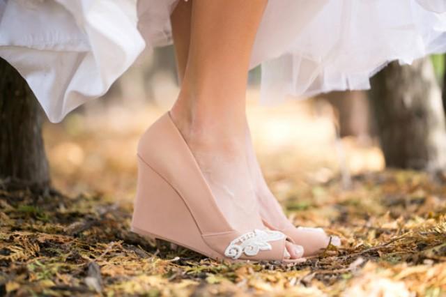 Nude peep shop toe wedges