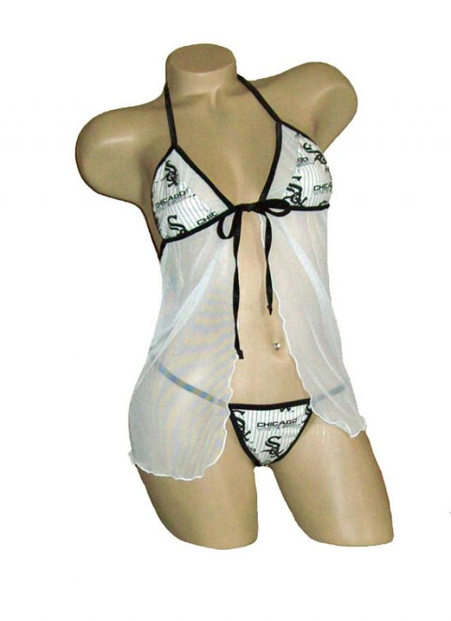 MLB Chicago White Sox Lingerie Negligee Babydoll Sexy Teddy Set with Matching G-String Thong Panty - Only at Sexy Crushes