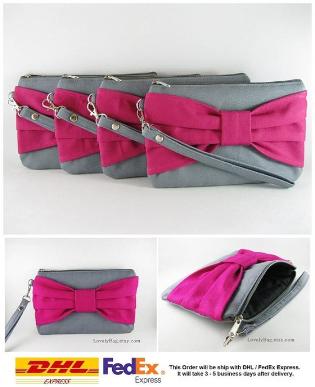 wedding photo - SUPER SALE - Set of 7 Gray with Fuchsia Bow Clutches - Bridal Clutches, Bridesmaid Wristlet, Wedding Gift, Zipper Pouch - Made To Order