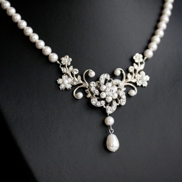 wedding photo - Wedding Necklace, White Pearl necklace, Vintage rhinestone flowers, Swarovski Wedding Jewelry, Sabine Classic