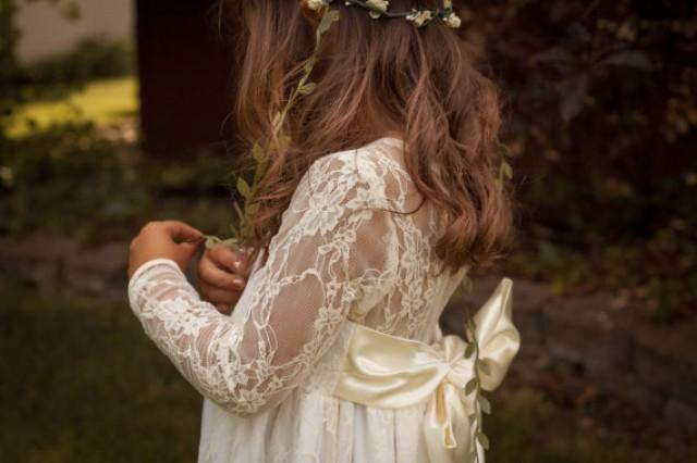 wedding photo - Lace Flower Girl Dress, Girls Lace Maxi, Girls Rustic Dress, Toddler Dress, Long Sleeve Flower Girl Dress, Girls Boho Dress