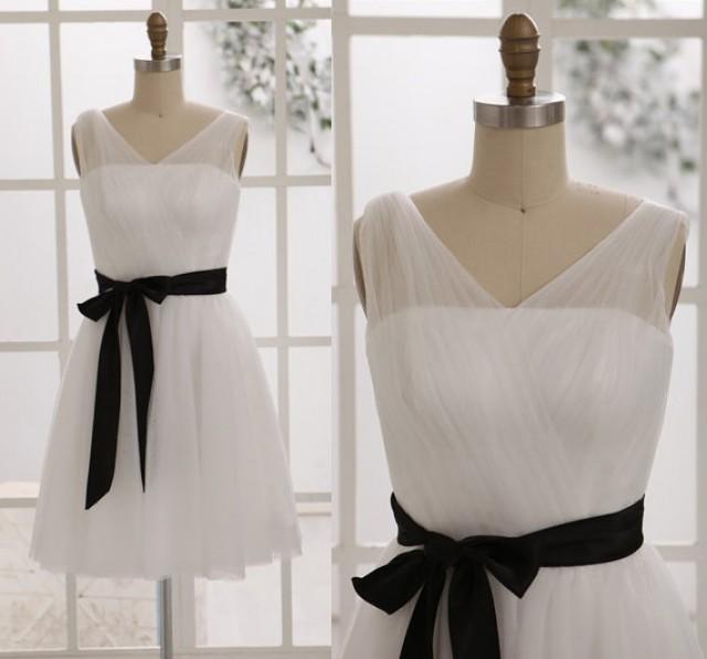 Ivory Tulle Bridesmaid Dress With Black Sash In Knee Length Short Dress For Wedding 2220947 Weddbook