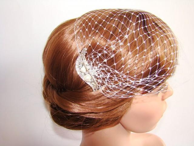wedding photo - Ivory Birdcage Veil with Rhinestone Hair Comb