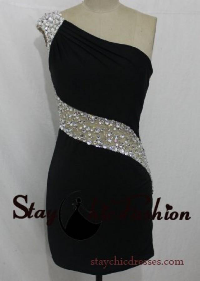 wedding photo - 2015 Sexy Rhinestone Beaded Illusion Back Black Fitted One Shoulder Jersey Formal Dress